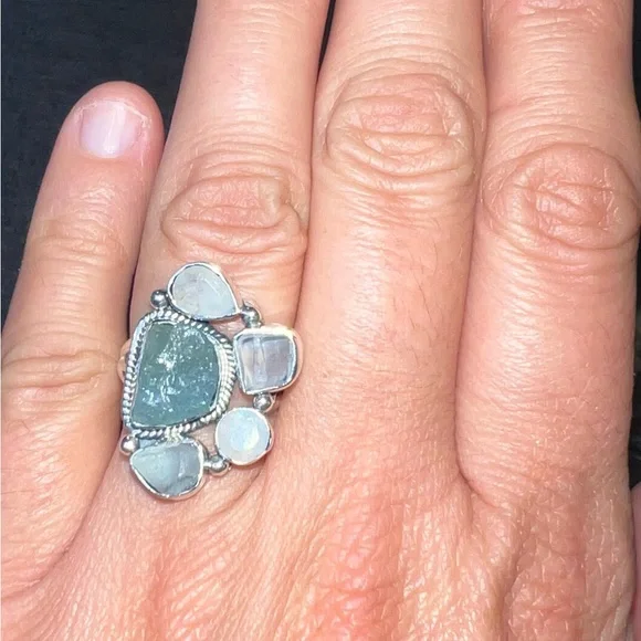 Artisan Crafted Natural Aquamarine and Moonstone Sterling Silver Ring - Picture 6 of 6